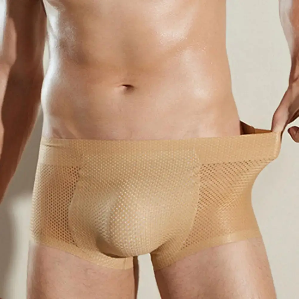 Men Underpants Butt Lifted See-through Hollow Out Breathable Thick Fake Butt High Elastic Solid Color Men Boxers Underwear