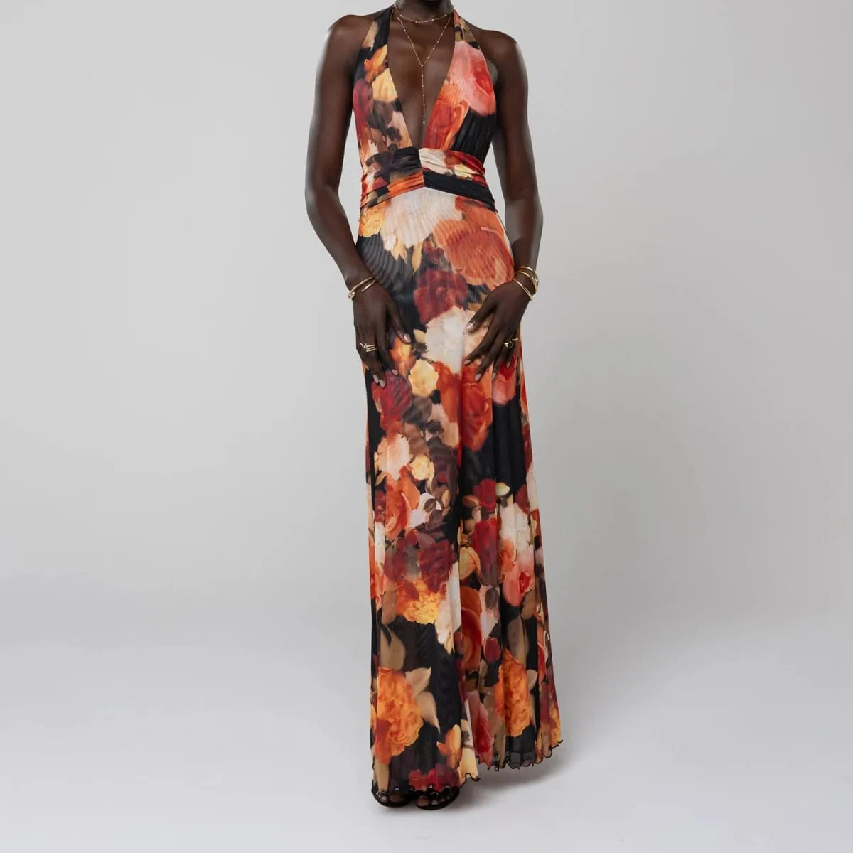 Combhasaki Mulheres Verão Sem Mangas Tie-up Halter Decote Em V Profundo Backless Flor/Pontos Estampado Plissado Hem Malha Ruched Vestido Longo Linha A