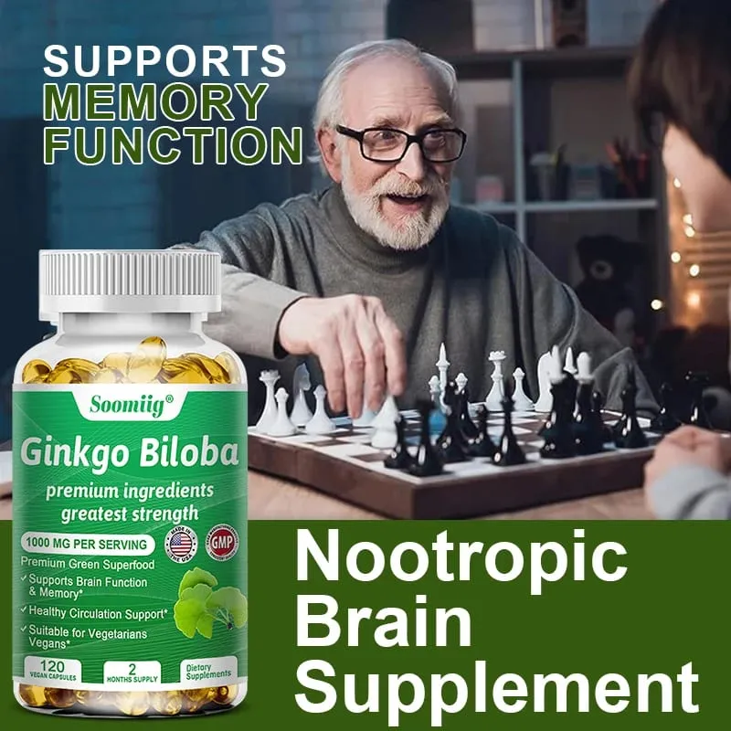 Cápsulas de Ginko Biloba - Suplemento cerebral para memória e foco - Suplementos de Ginkgo Biloba para uma boa visão