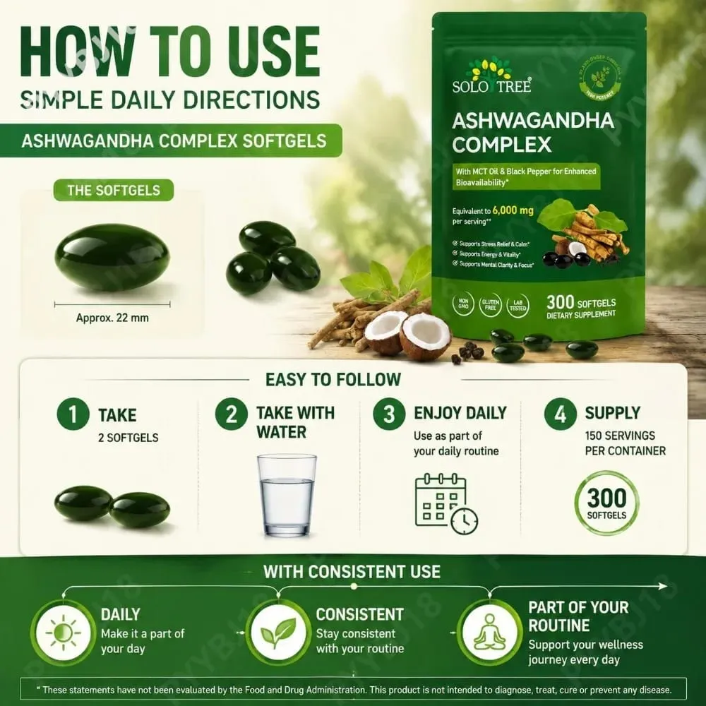 Solo Tree Ashwagandha Complex Softgels Suporta Alívio do Estresse Calma Clareza Mental Foco com Óleo MCT e Pimenta Preta 300 Softgels