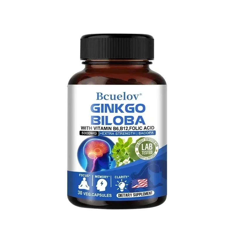 Ginkgo Biloba 5000 mg Força Extra - Suporta Função Cerebral e Foco na Memória Alívio do Estresse 120 Cápsulas Vegetais