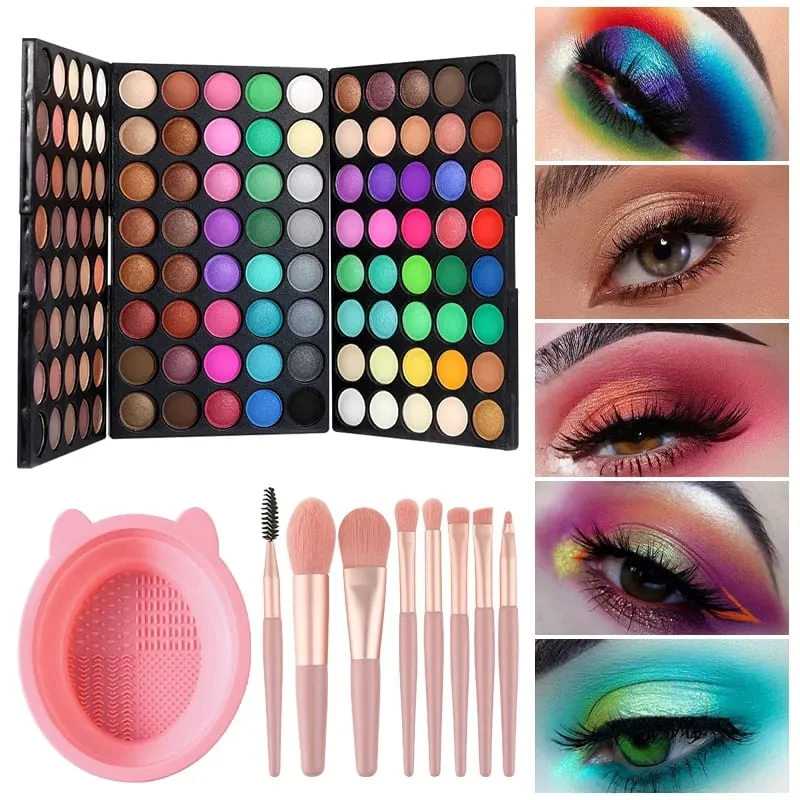 3pcs Makeup Kit 120 Colors Eyeshadow Palette With 8Pcs Makeup Brushes & Foldable Silicone Brush Cleaning Bowl for Daily Parties