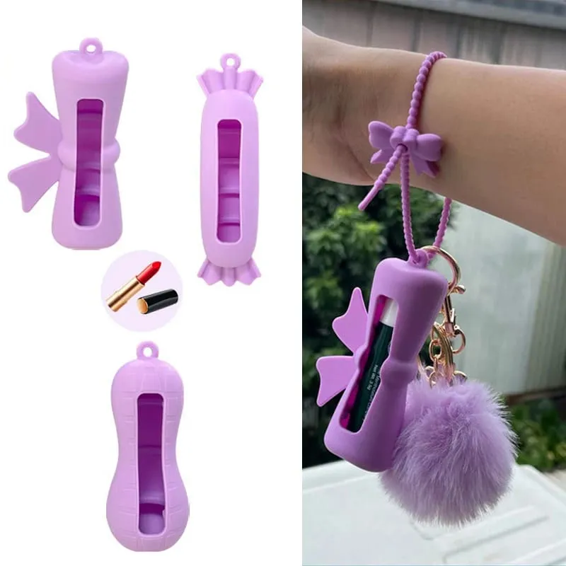 Novo arco doce forma de amendoim silicone batom capa chaveiros cor sólida saco de armazenamento batom leve titular bálsamo labial