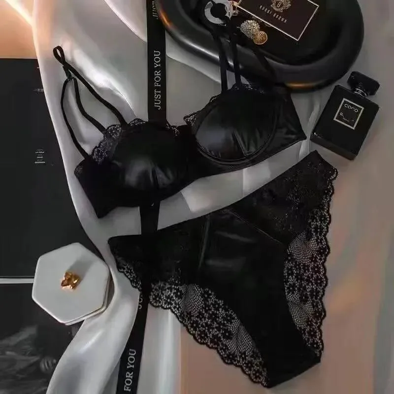 性感緞面半杯胸罩套裝帶鋼圈薄款舒適上托綠色蕾絲邊光面內衣女式
