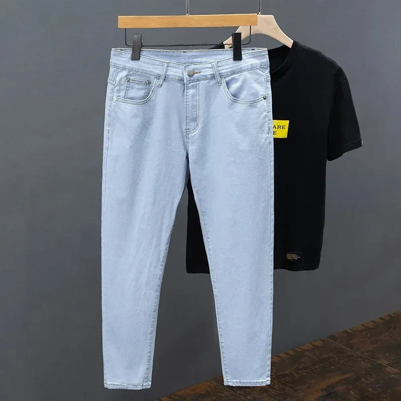 Calças de brim masculinas de ajuste fino primavera verão fino algodão macio elástico na moda tornozelo comprimento calças retas coreano simples denim