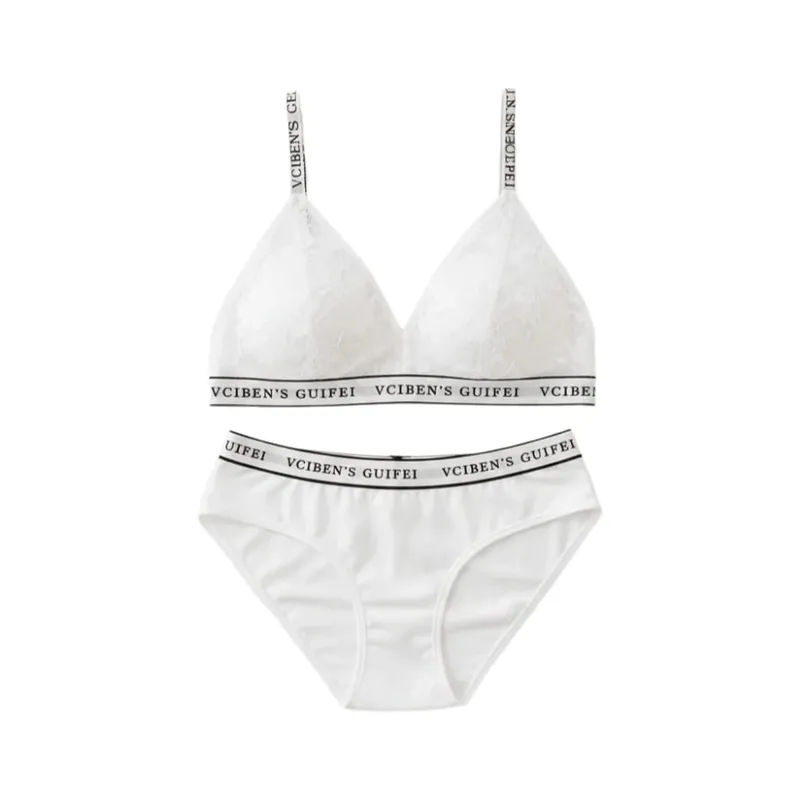 Comfortable Letter Design Lingerie Set Deep V Wireless Women Underwear Suit Color Blocking Lace Bra Panties Set Gift