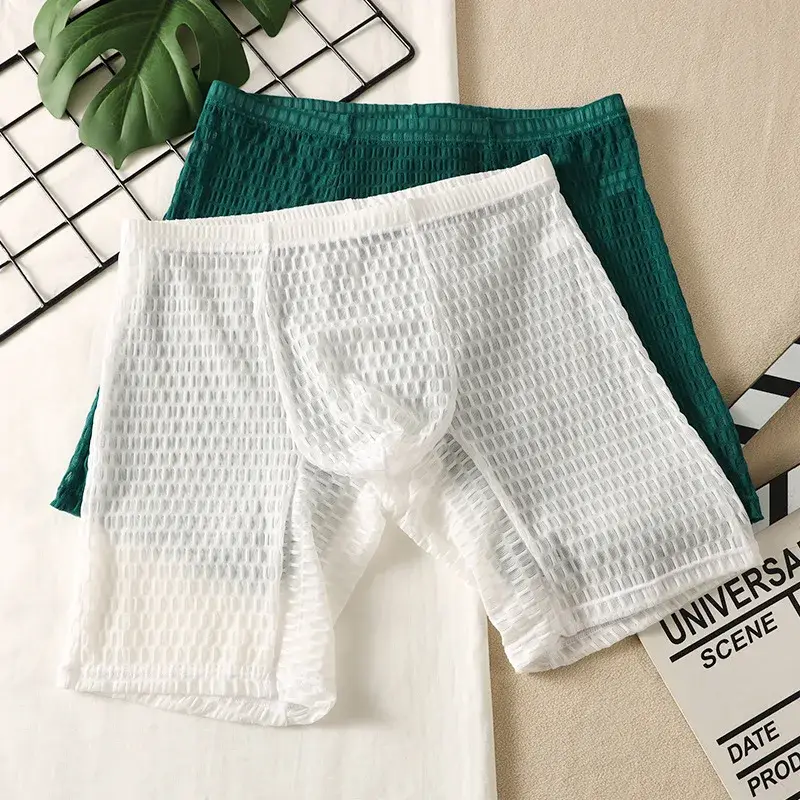 Mens Boxer Shorts Transparent Mesh Underwear Man Lace Panties Solid Breathable U Convex Pouch Underpants Cueca Calzoncillo M-XXL