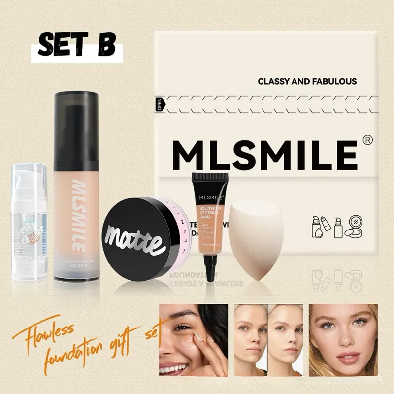 Conjunto de maquiagem facial tudo em um, base líquida em pó, primer e ovo para acabamento fosco de longa duração