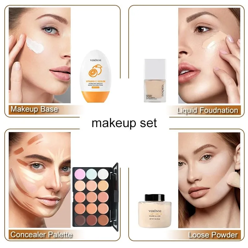 Conjunto de maquiagem facial, base líquida, pó solto, primer à prova d'água, longa duração, cobertura completa, corretivo, cosméticos femininos, maquiagem facial