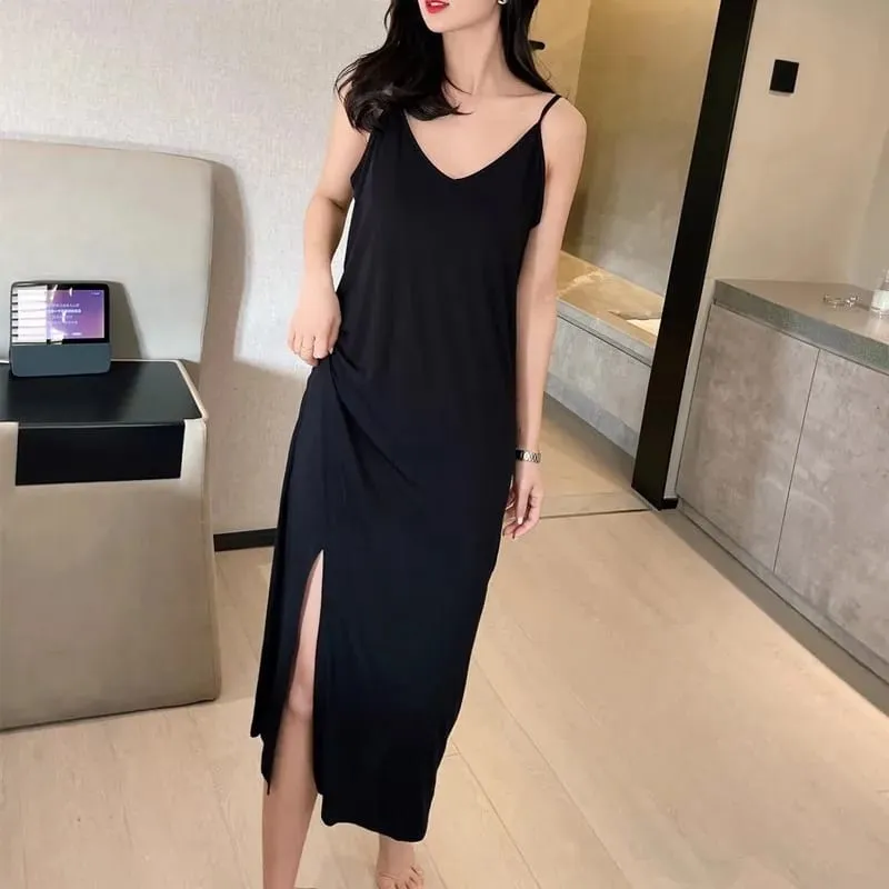 Vestido feminino modal completo deslizante, roupa íntima, alça longa, sólida, camisola, anágua interna, íntima