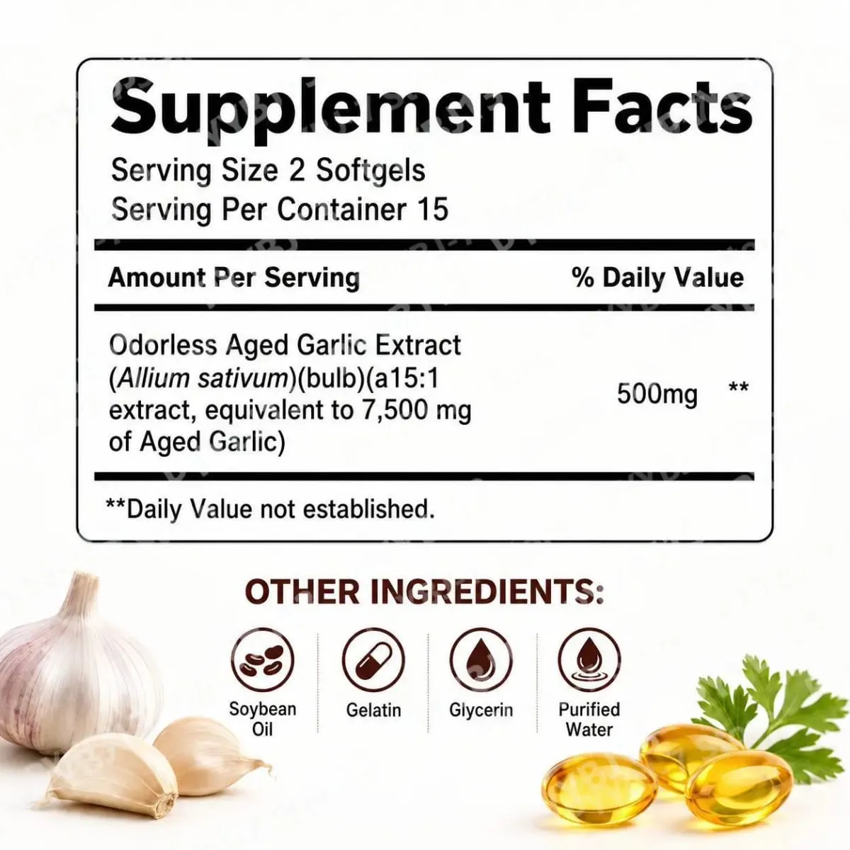 Extrato de alho envelhecido inodoro 7500mg Softgels equivalentes 30 contagens Suplemento diário de alho Coração e suporte geral de bem-estar