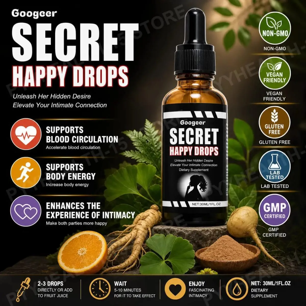 Googeer segredo feliz gotas orais ervas epimedium maca raiz ginseng ginkgo biloba suporte circulação sanguínea intimidade 30 ml
