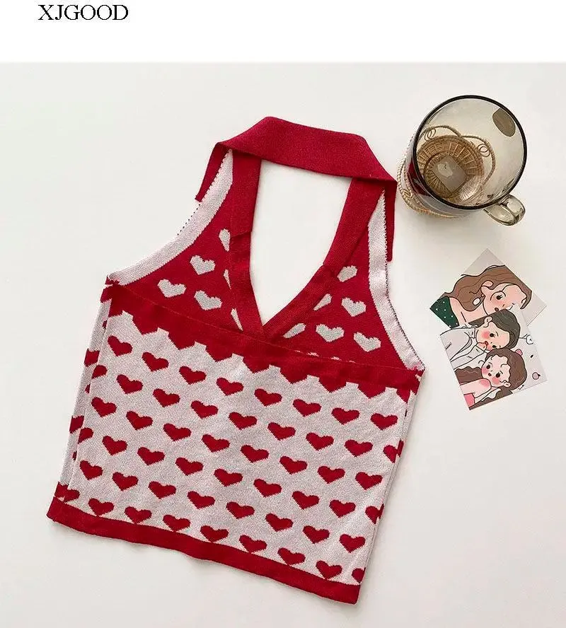 Y2k coração halter colete adolescente botão frontal sem mangas gola colheita superior regata feminina e cami roupa de férias de verão