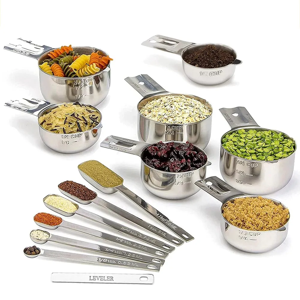 Conjunto de copos e colheres de medição de aço inoxidável, 14 peças com nivelador, ingredientes secos e líquidos, perfeitos para cozinhar e assar