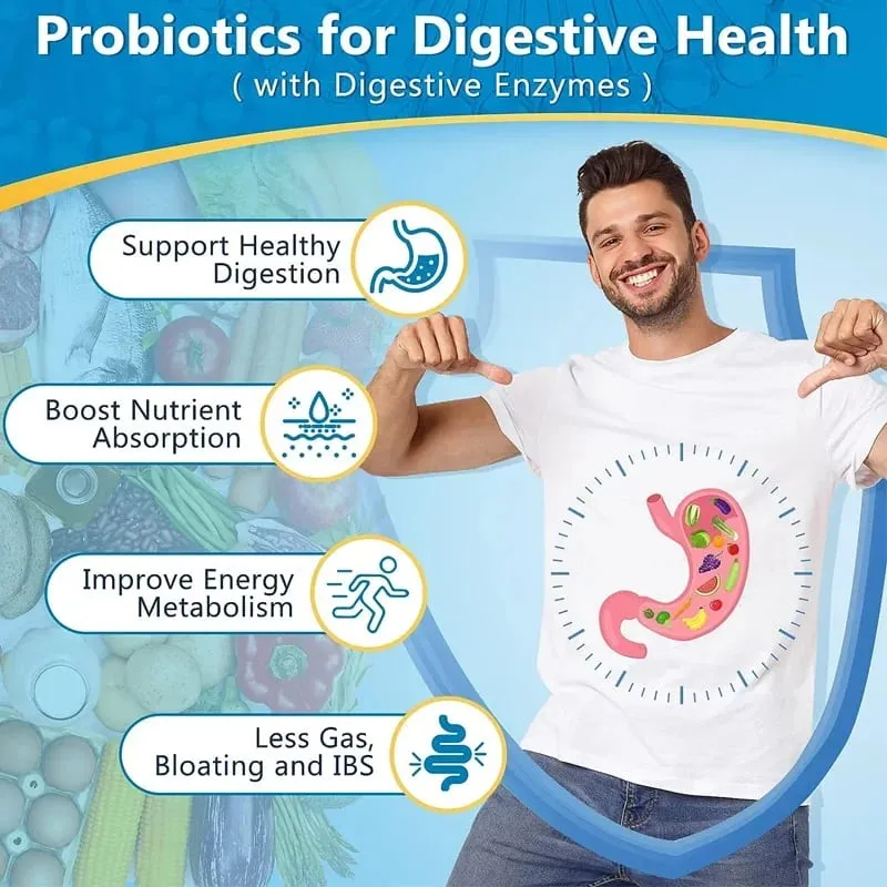 Cápsulas probióticas de enzimas digestivas orgânicas, nutrição prebiótica, digestão e imunidade para a saúde intestinal, adequadas para adultos e homens