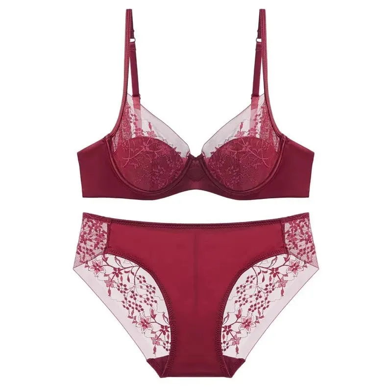 Kit íntimo de renda vermelha festiva de noiva com arame macio, copo fino, conjunto de lingerie de suporte para busto pequeno 32-38, roupa íntima feminina