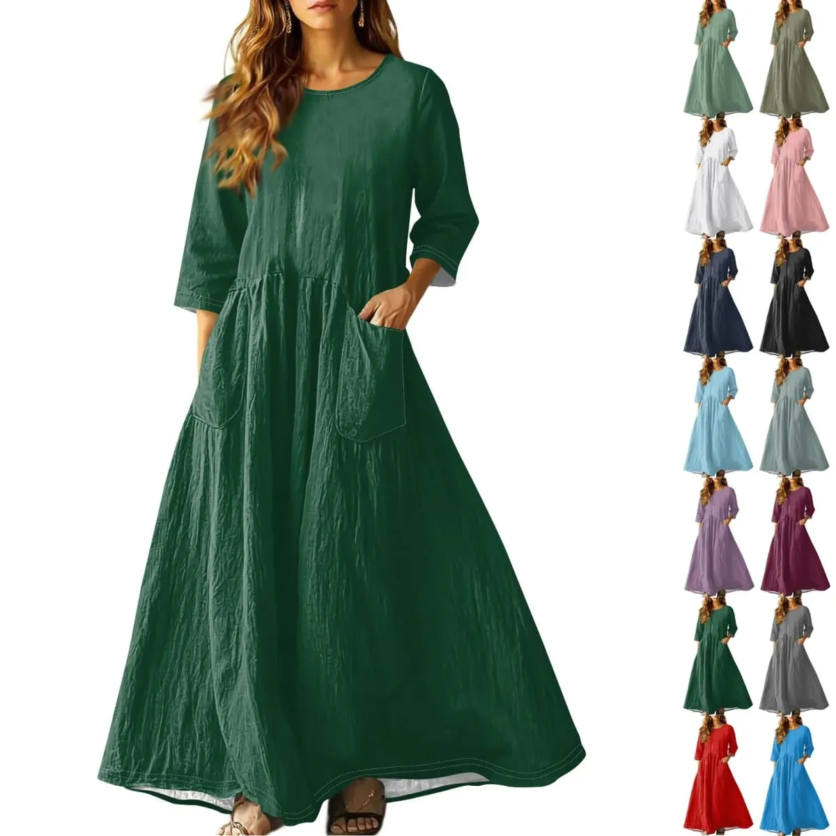Women's Summer Loose Long Dresses Solid Color Three-quarter Sleeve Double Pocket Dress Loose Round Neck Linen Dress Vestidos — image 2