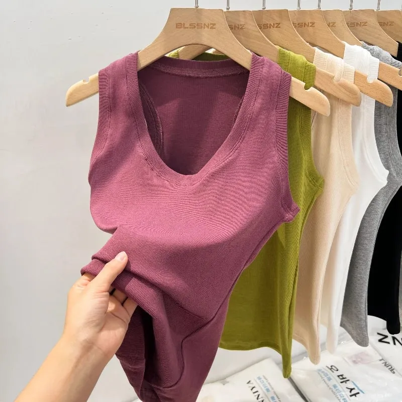 2026 verão básico elástico tanque superior feminino sólido baixo em torno do pescoço com nervuras camisola estilo coreano versátil magro tanques & camis