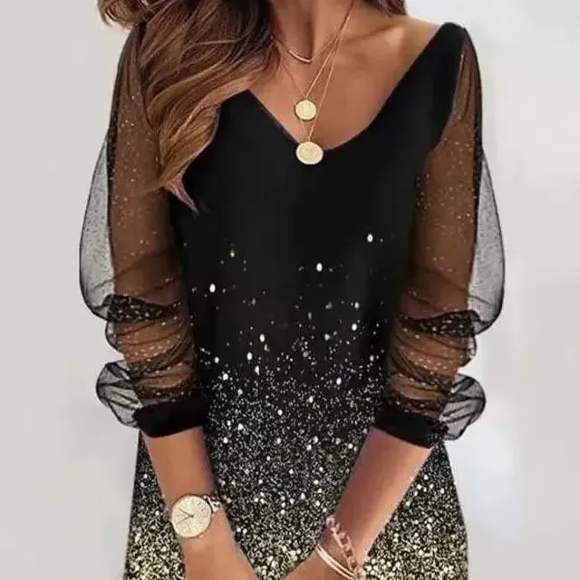 2024 New Spring-style Round Neck Sequins Perspective Gauze Lady Dress