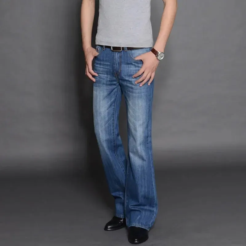 Denim queimado calças de brim dos homens boot corte denim calças confortáveis ​​ligeiramente magro clássico solto casual azul preto para masculino bootcut