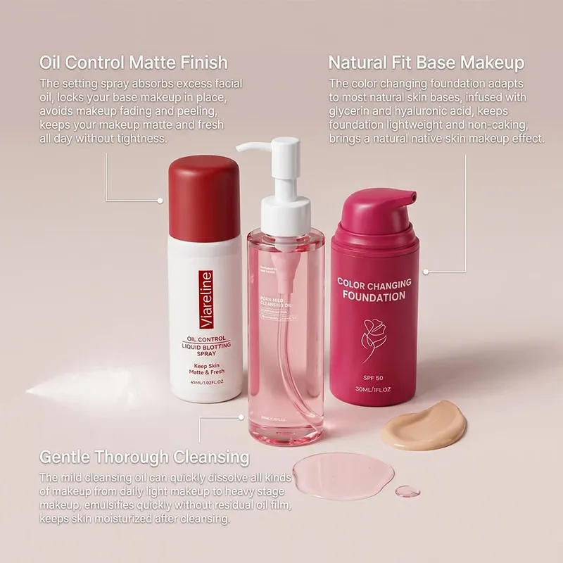Kit de maquiagem 3 em 1, óleo de limpeza, base em spray, fosco, longa duração, hidratante suave, acabamento natural, conjunto diário