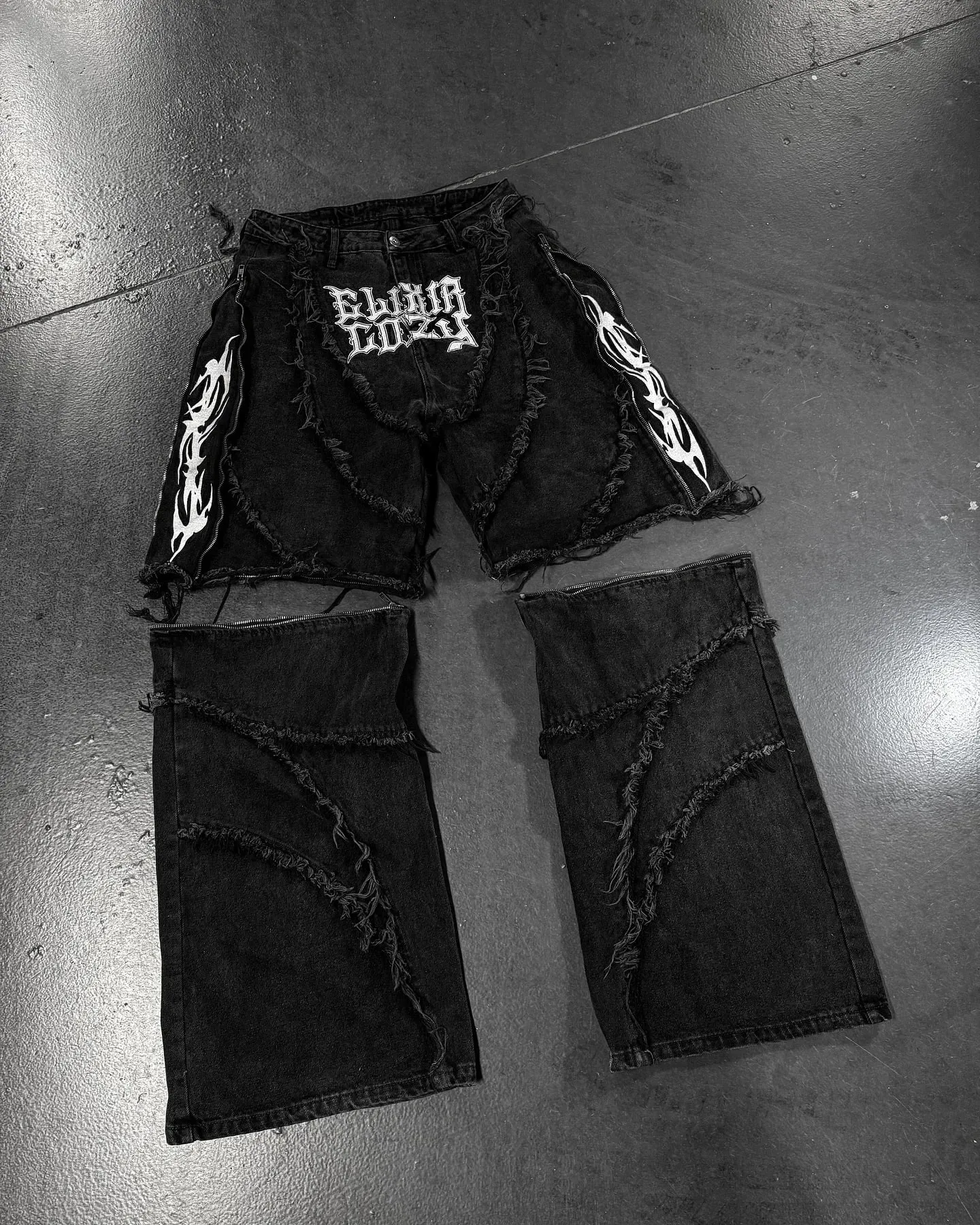 Elixir X Cozy 可拆卸牛仔褲復古龐克街頭拉鍊拼布條紋牛仔褲男士黑色寬鬆嘻哈拼接牛仔褲