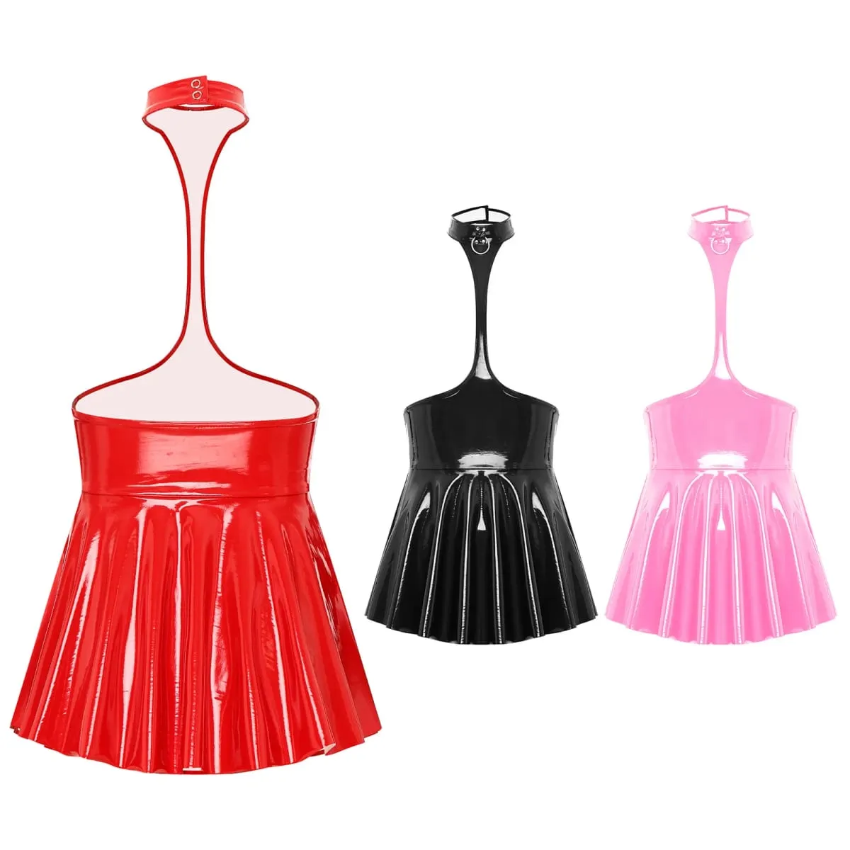 Vestido feminino brilhante metálico falso couro vazado halter costas nuas mini vestido skatista look molhado plissado saia linha festa roupa de balada — image 2