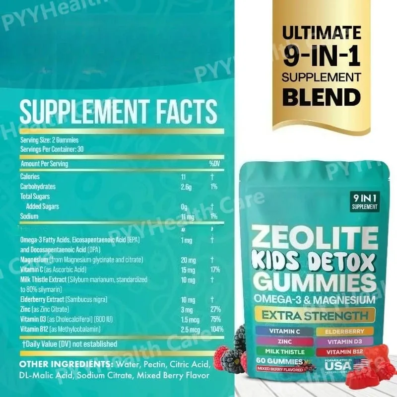 Zeolite Gummies 9-in-1 with Omega-3 Magnesium Elderberry Vitamin C Milk Thistle Vitamin D3 Zinc B12 (60 Gummies) — image 2