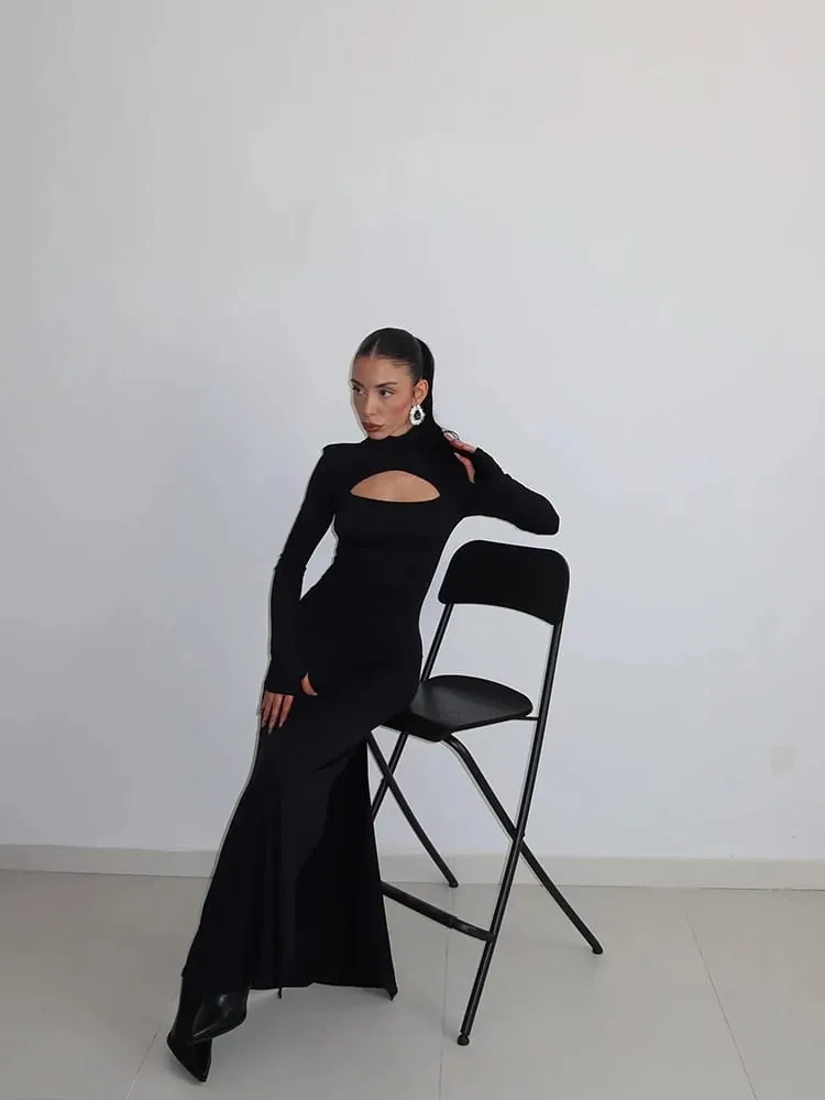 Ahagaga sexy bainha vestidos maxi femininos sólido gola alta regular mangas compridas oco para fora magro ajuste bodycon festa vestidos robes
