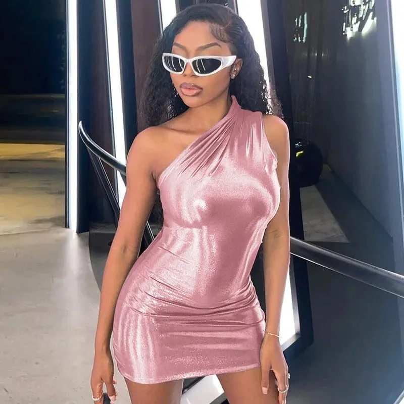 Sexy One Shoulder Bodycon Dresses For Women Solid Irregular Skinny Mini Y2K Metallic Gilding Short Mini Dress