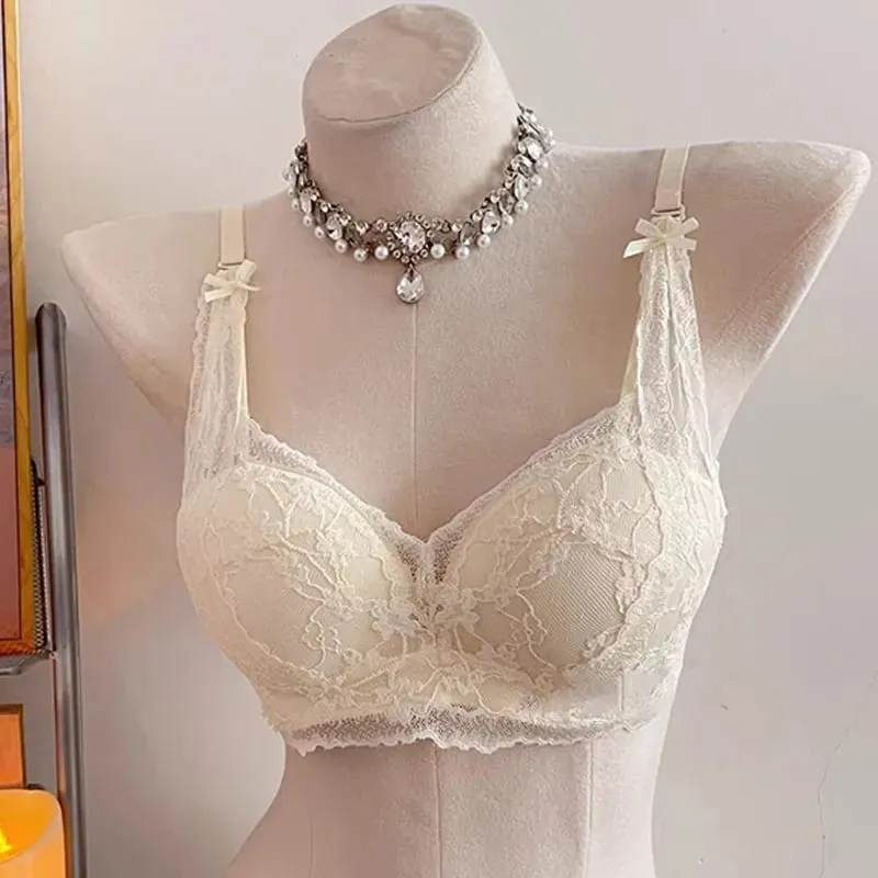 セクシーな BANERDANNI Halter Bow Lace Bra Acolchoado Push Up Sem Fio Sem Armação Interior Macio Lingerie Busto Pequeno Conforto Diário Wear`
