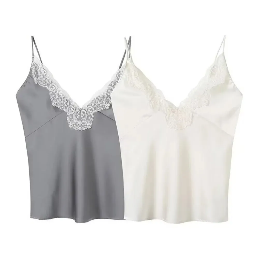 Casual cor sólida rendas retalhos tanques cinta espaguete respirável cetim camisola sem mangas com decote em v topos roupa de festa