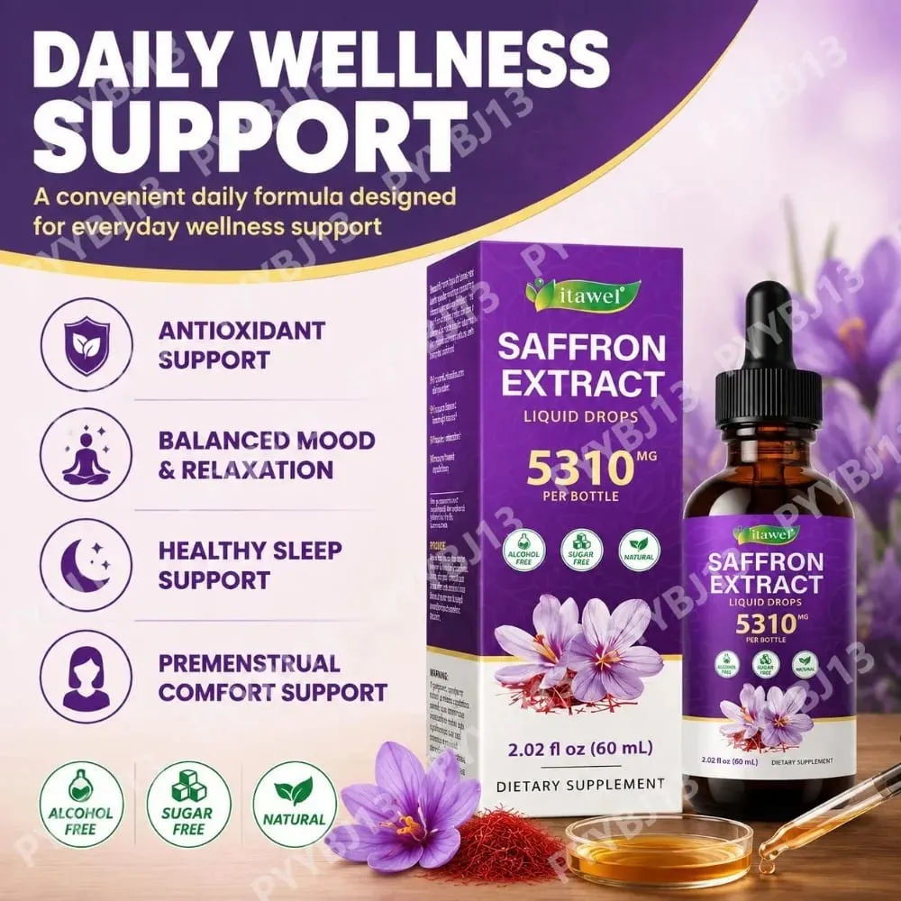 Gotas líquidas de extrato de açafrão 117mg por porção para antioxidante, humor equilibrado, sono saudável e suporte de conforto pré-menstrual 60ML