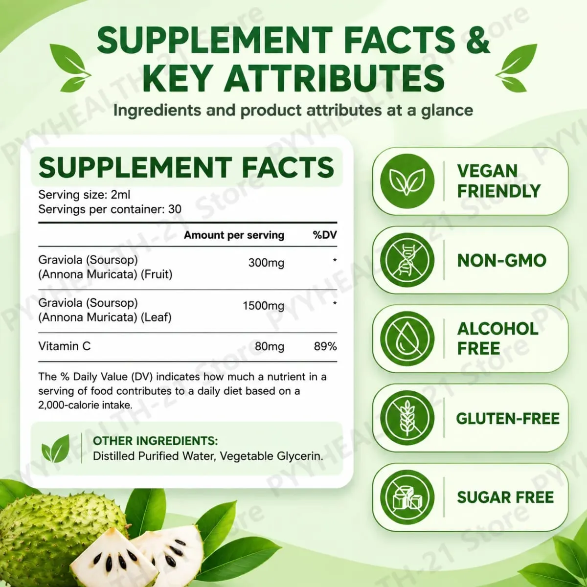 AcentiLabs Graviola Graviola Gotas Líquidas Vitamina C Suporta Saúde Digestiva Sistema Imunológico Defesa Radical Livre 60ml para Adultos
