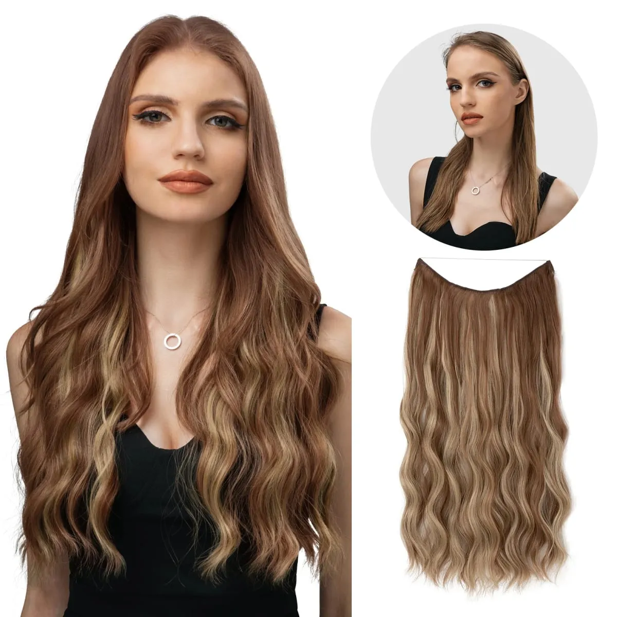 Fio invisível ondulado sintético com clipes, extensão de cabelo, linha de peixe, loiro natural, clipe em peça de cabelo falso