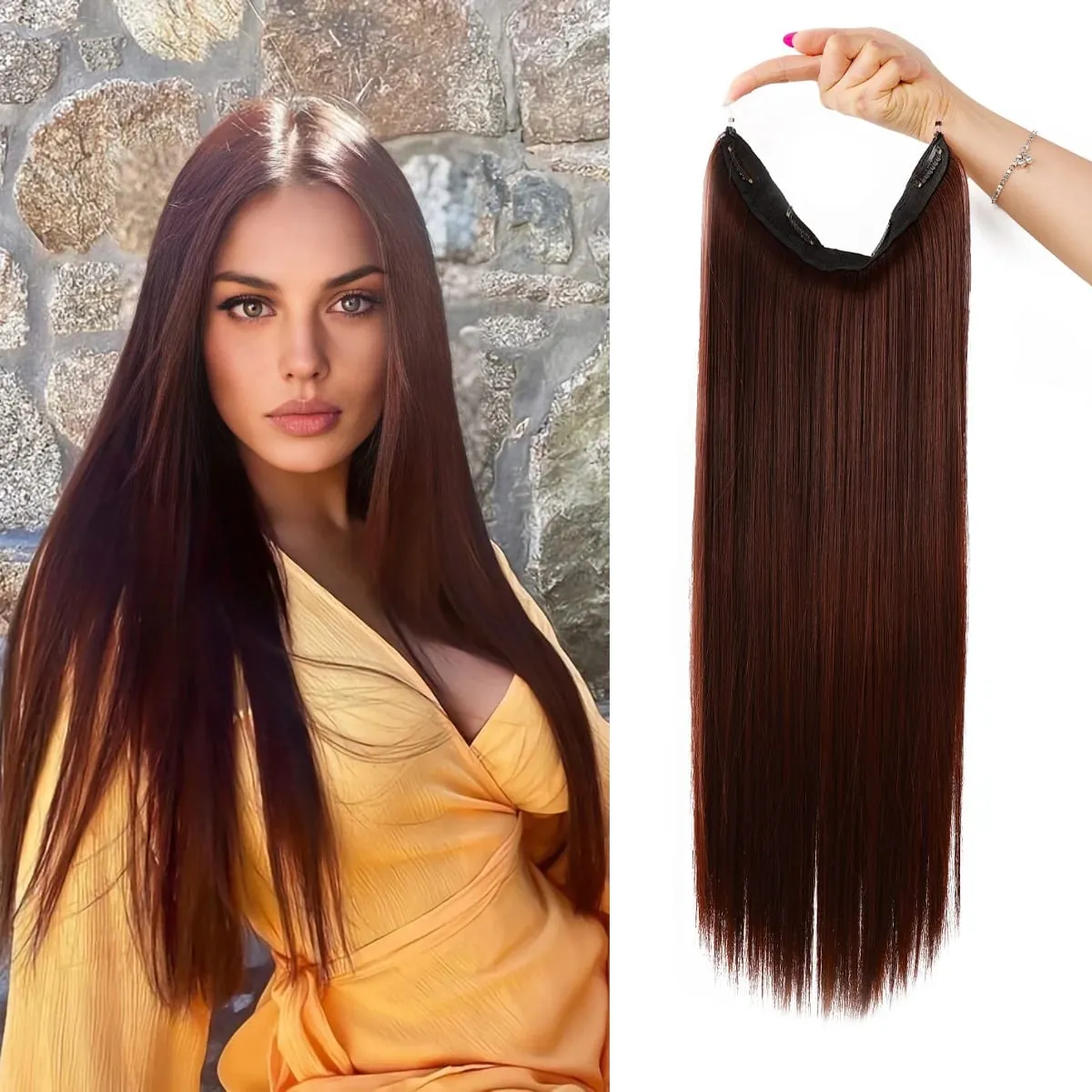 Invisible Wire Hair Extensions Adjustable Size Removable Secure Clips in 24 Inch Straight Secret Hairpiece for Women