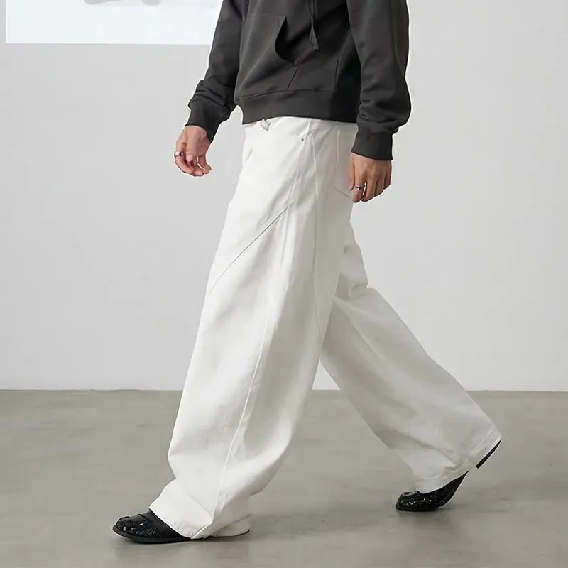 Primavera estilo americano cintura dupla desconstruída bota masculina corte jeans branco na moda solta perna larga calças jeans 9x2187