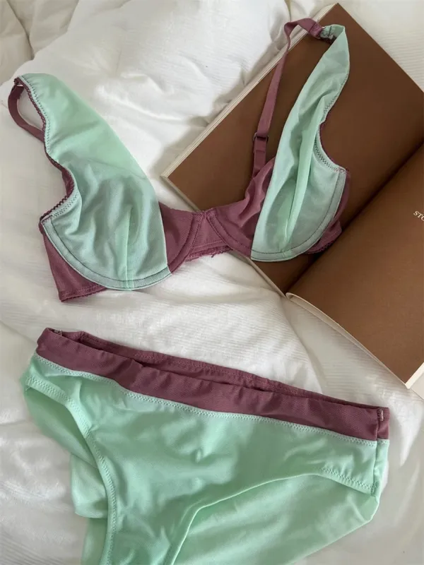 Sutiã de malha lingerie confortável com cuecas terno pequeno fresco roupa interior até apoio seios grandes mostrar pequeno conjunto de sutiã