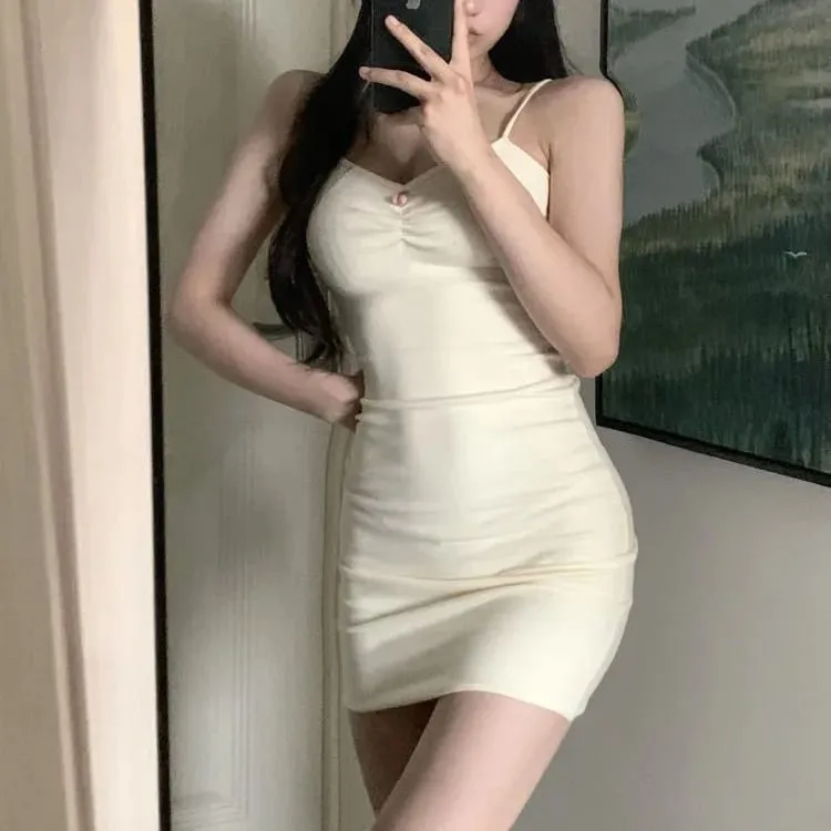 女式吊帶洋裝無袖低胸春夏純色洋裝荷葉邊裹臀修身洋裝派對夜店洋裝