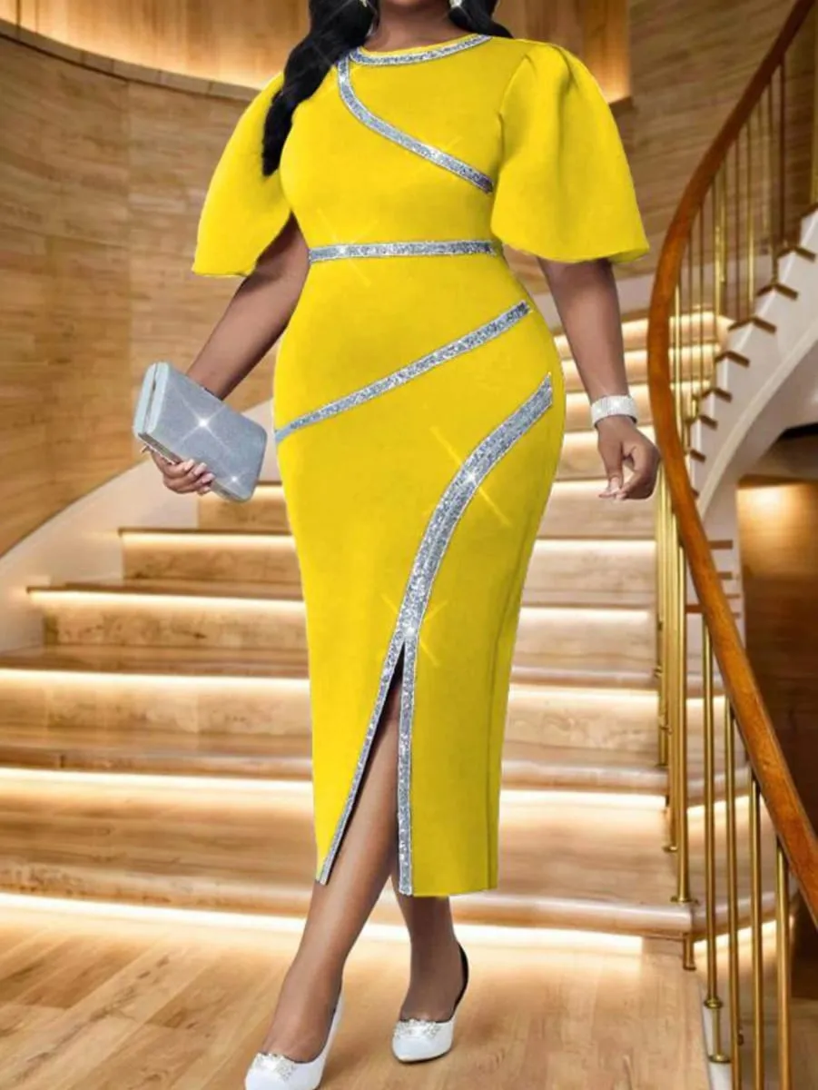 Feminino decote redondo manga esvoaçante decoração diagonal split midi bodycon vestido tamanho grande para jantar formal casamento convidado festa de noite moda ocasiões — image 3
