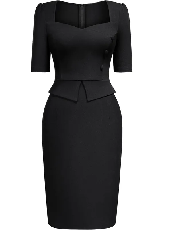 Vestido feminino elegante com gola quadrada, manga curta, escritório, comprimento do joelho, sólido, casual, festa, lápis peplum, bainha bodycon