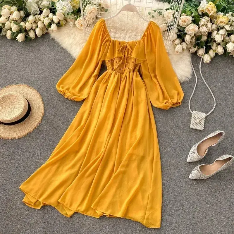 Chic elegante gola quadrada maxi vestido feminino sólido chiffon puff manga vestidos 2026 praia festa robe vintage plissado vestidos y2k