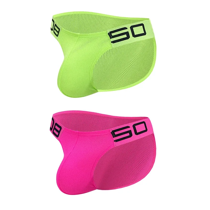 Cuecas masculinas de mistura de nylon, cuecas respiráveis ​​com letras de chifre em relevo, cintura elástica larga, cor fluorescente, roupa íntima sexy