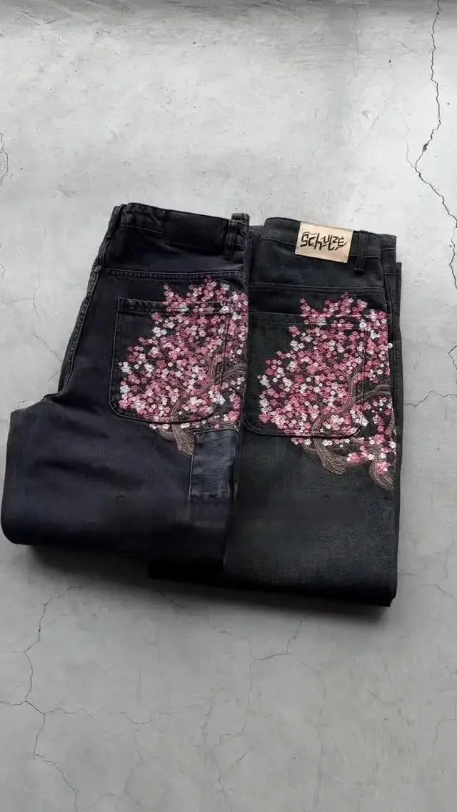 Harajuku retalhos flor de cerejeira bordado calças jeans y2k vintage feminino baggy em linha reta perna larga jeans rua roupas masculinas
