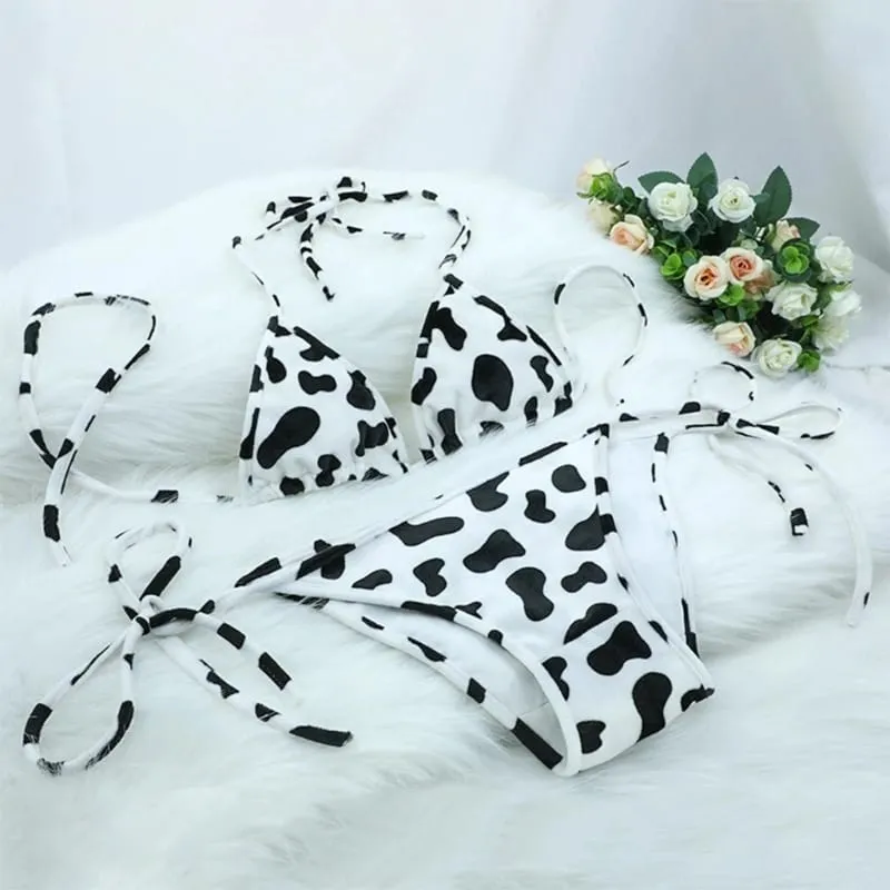 Conjunto de biquíni feminino estilo japonês bonito leite vaca pontilhada mini conjuntos de biquíni roupa interior halter pescoço sutiãs topo com cuecas calcinha