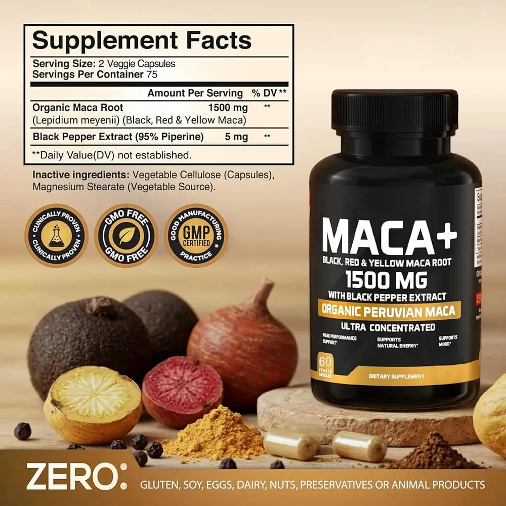 1500mg Raiz de Maca Orgânica Preto Vermelho e Amarelo - 60 Cápsulas - Cápsulas de Raiz de Maca Preta para Homens Suplemento - Não OGM Sem Glúten