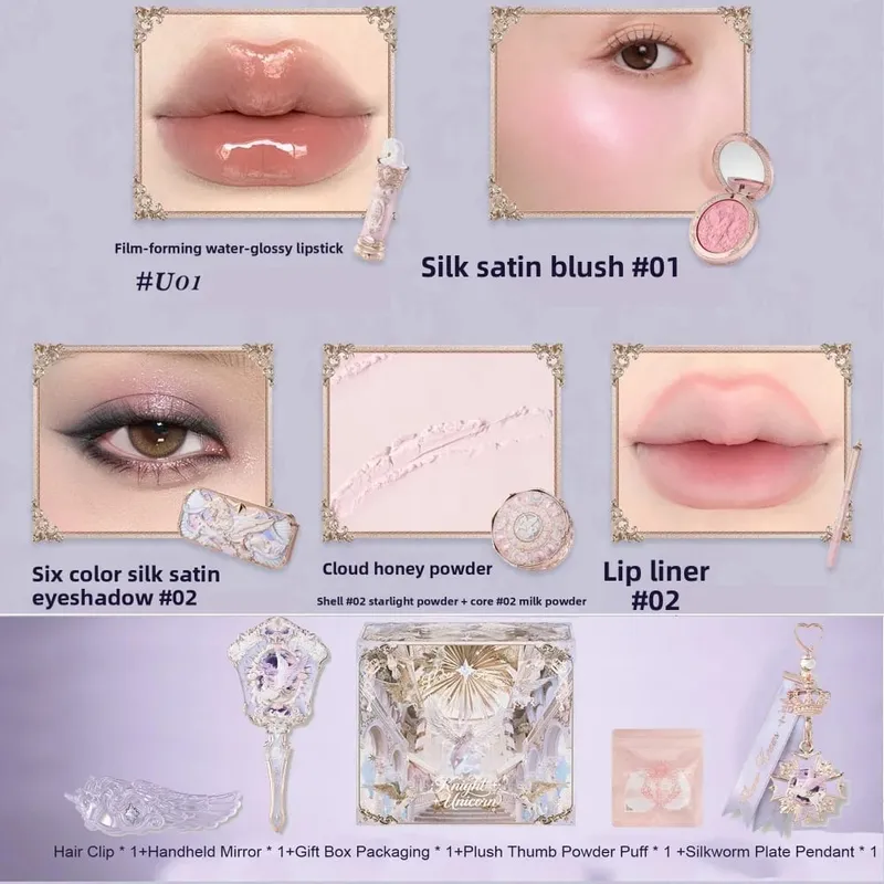 Conjunto de maquiagem de unicórnio Flower Knows Knight - Batom Blush Cloud Setting Powder Starlight Eyeshadow Kit de cosméticos em caixa de presente
