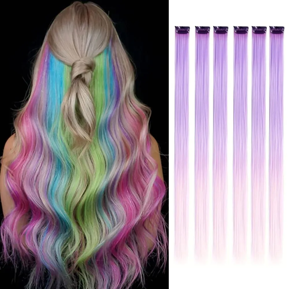 6 unidades/pacote colorido festa destaques clipe em extensões de cabelo 22 polegadas multi-cores cabelo liso sintético postiços — image 21