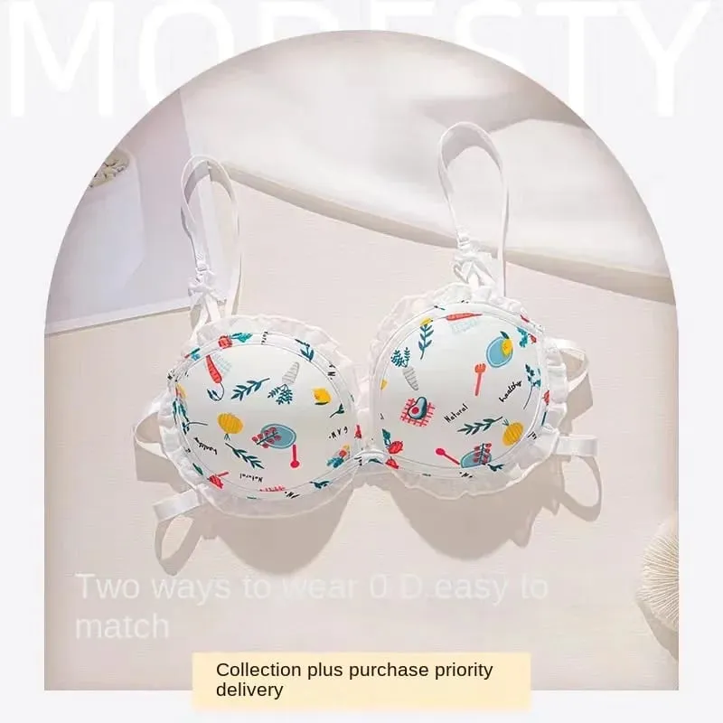 Strawberry 100% Lolita Collection Small Breasts Thin Cartoon Print Underwear Without Wire Back Pure Desire Bra Cover