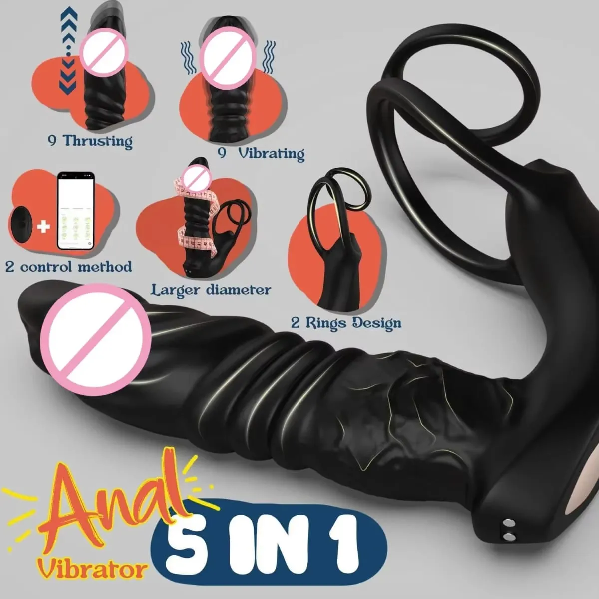 Vibrador de impulso de anel duplo telescópico, massageador de próstata masculino 5 em 1, plugue vibratório, brinquedo sexual adulto masculino
